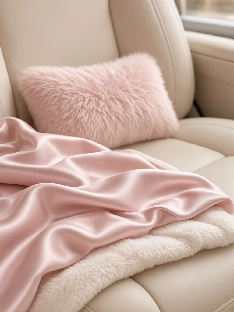 Close-up of a blush satin throw folded over ivory plush with a fluffy pink pillow on a cream car seat.